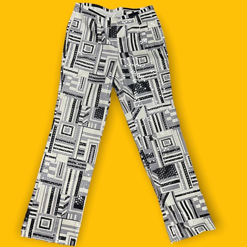 Domallo Sequin Straight Leg Pants Womens 10 Black White Geometric Y2K VTG Artsy